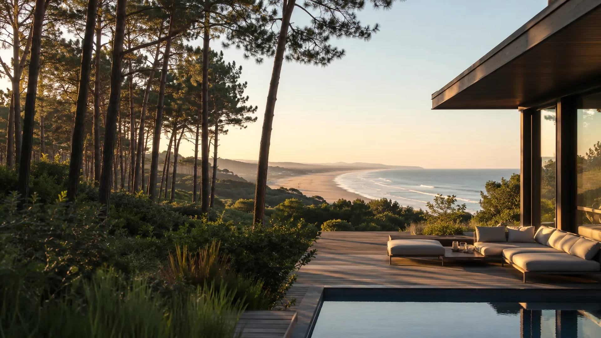 Conciergerie à Anglet : terrasse et piscine sous les pins avec vue sur la plage et l'océan