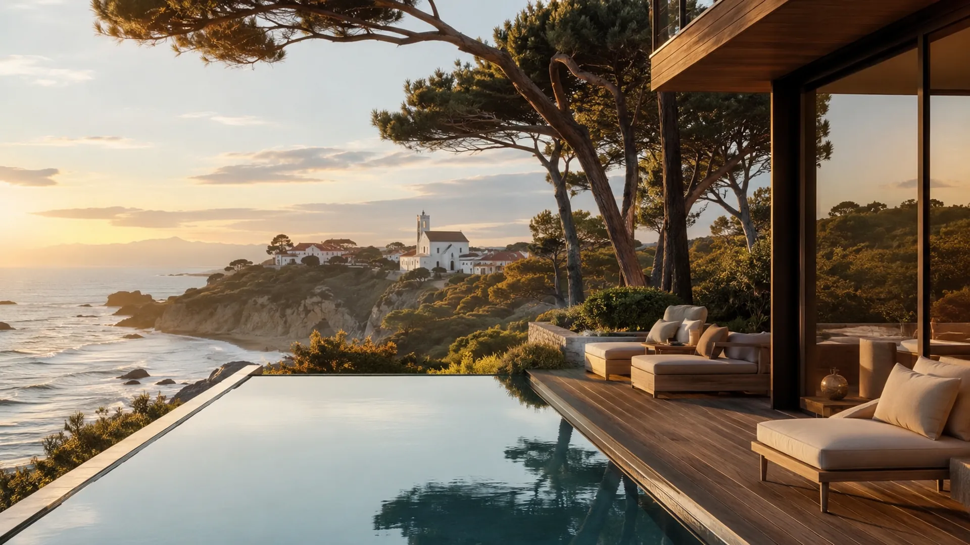 Conciergerie à Bidart : villa avec piscine à débordement face à la côte basque et à l'église blanche