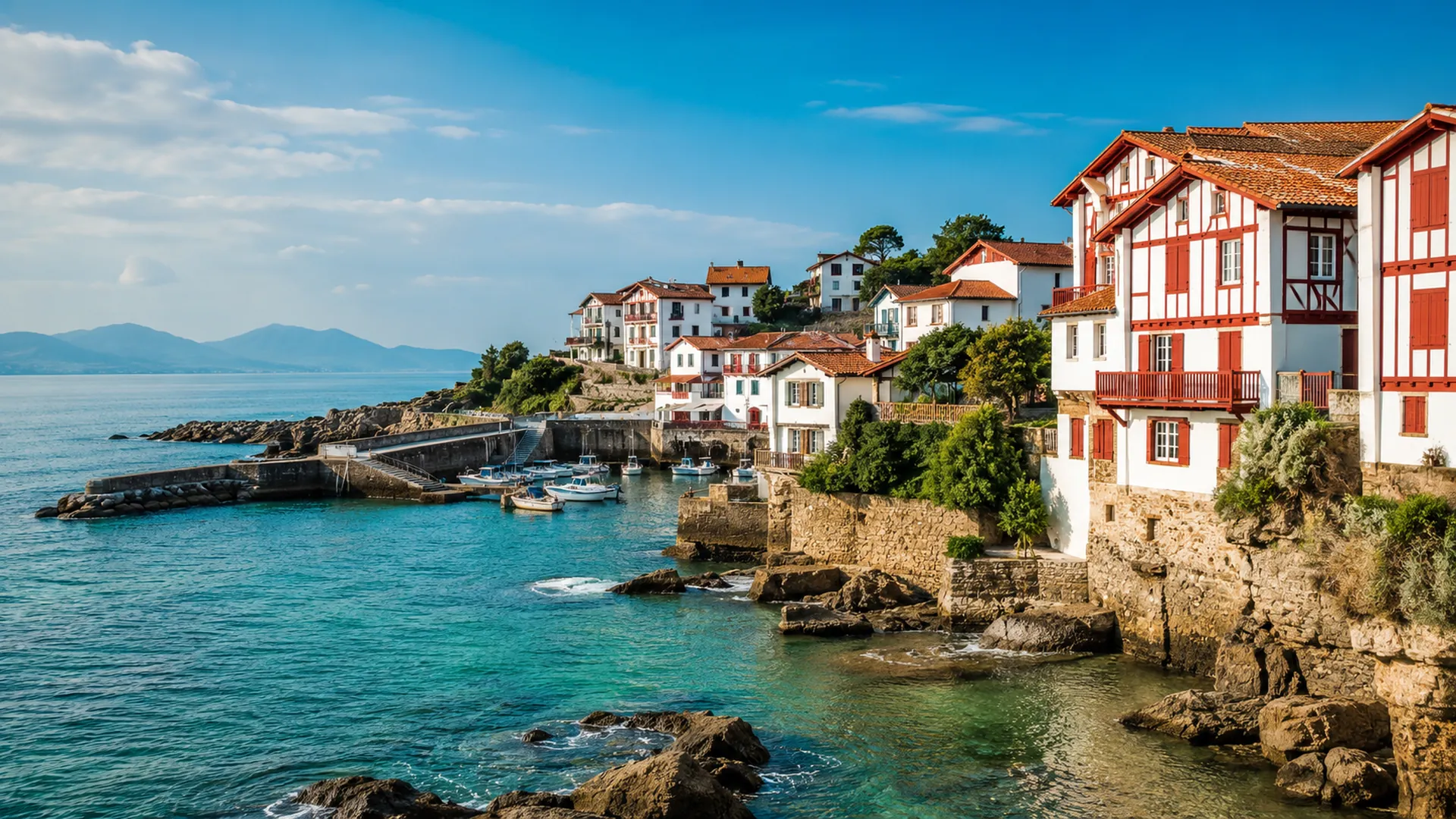 Conciergerie à Guéthary : maisons basques à colombages rouges au-dessus du petit port