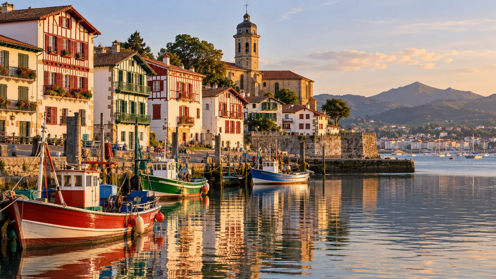 Conciergerie à Ciboure : le port, les maisons basques traditionnelles et le clocher de l'église Saint-Vincent en fin de journée