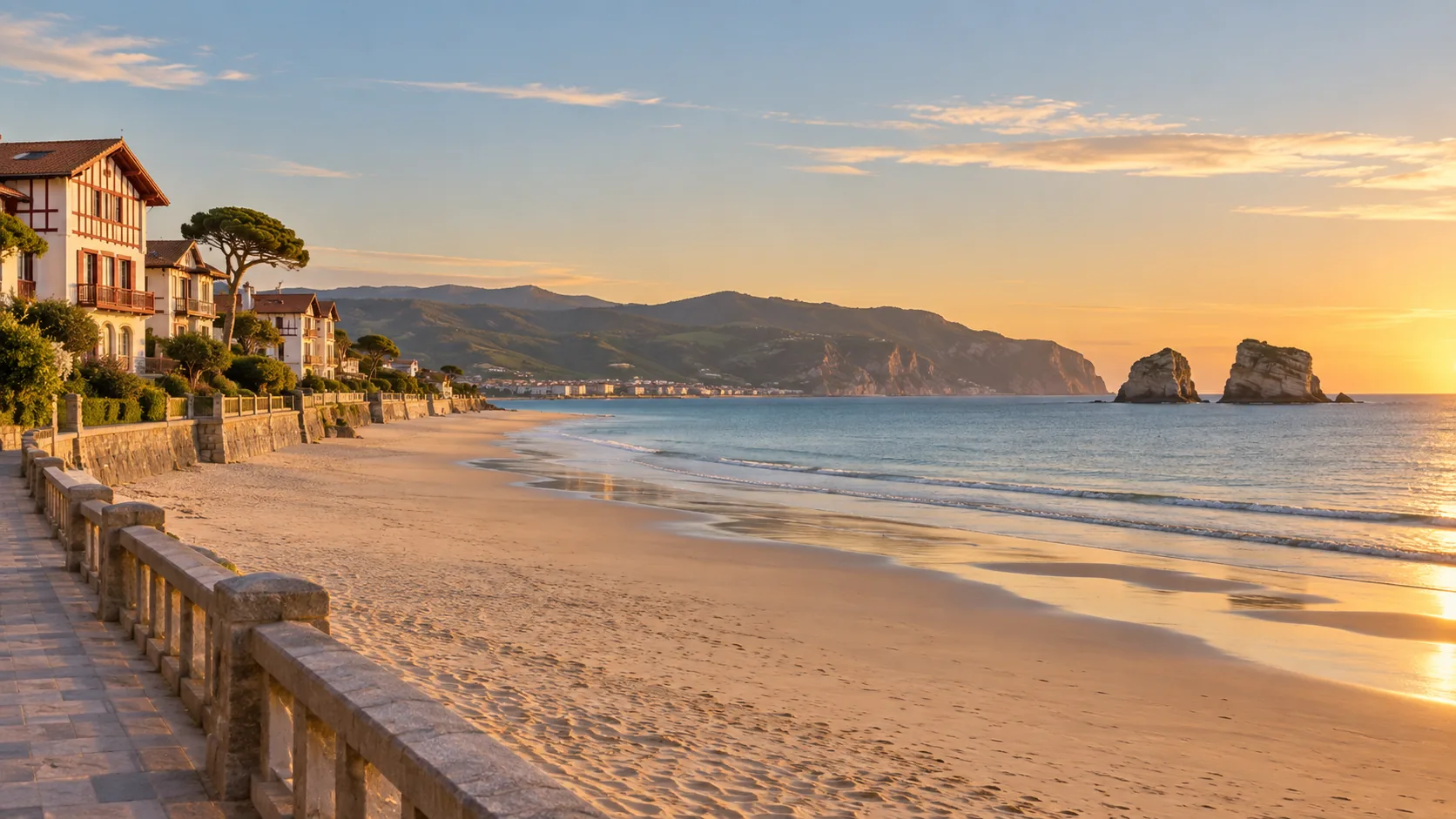 Conciergerie à Hendaye : la grande plage, la baie et les rochers des Deux Jumeaux au coucher du soleil
