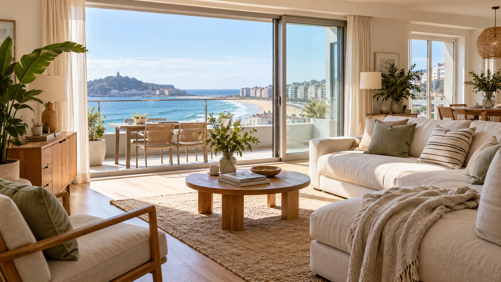 Salon lumineux d'un appartement en location saisonnière à Biarritz avec vue sur l'océan