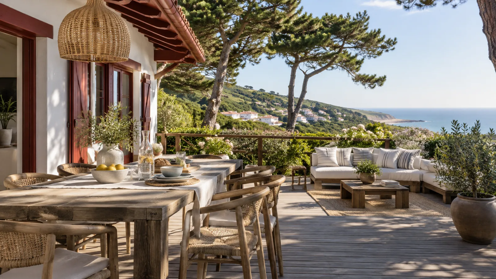 Terrasse en bois d'une maison de vacances à Bidart entourée de pins