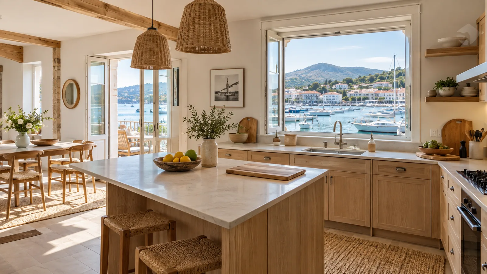 Cuisine ouverte d'un logement en location saisonnière à Ciboure avec vue sur le port